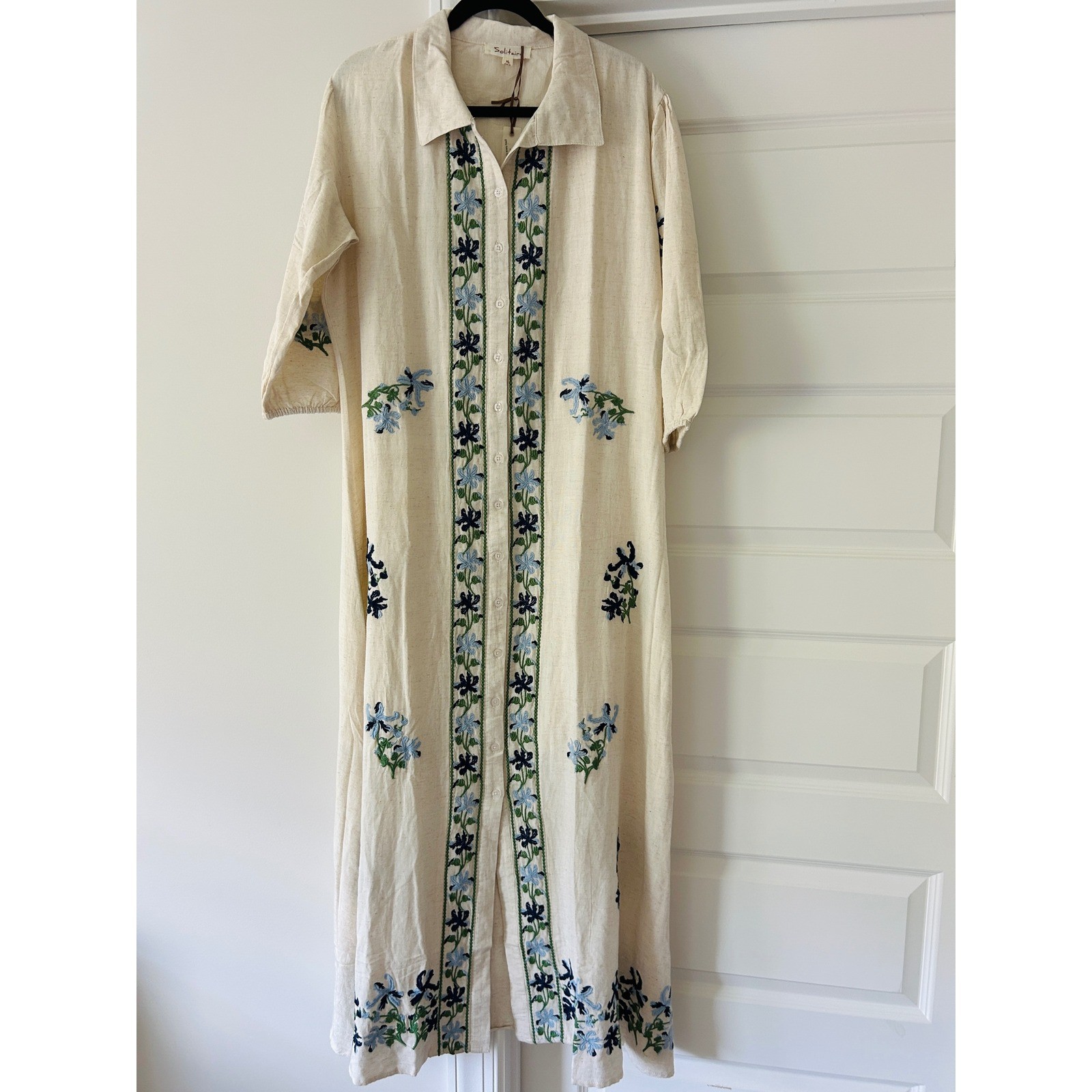 Solitaire Embroidered Linen Cotton Maxi Dress Cream Floral XL NWT