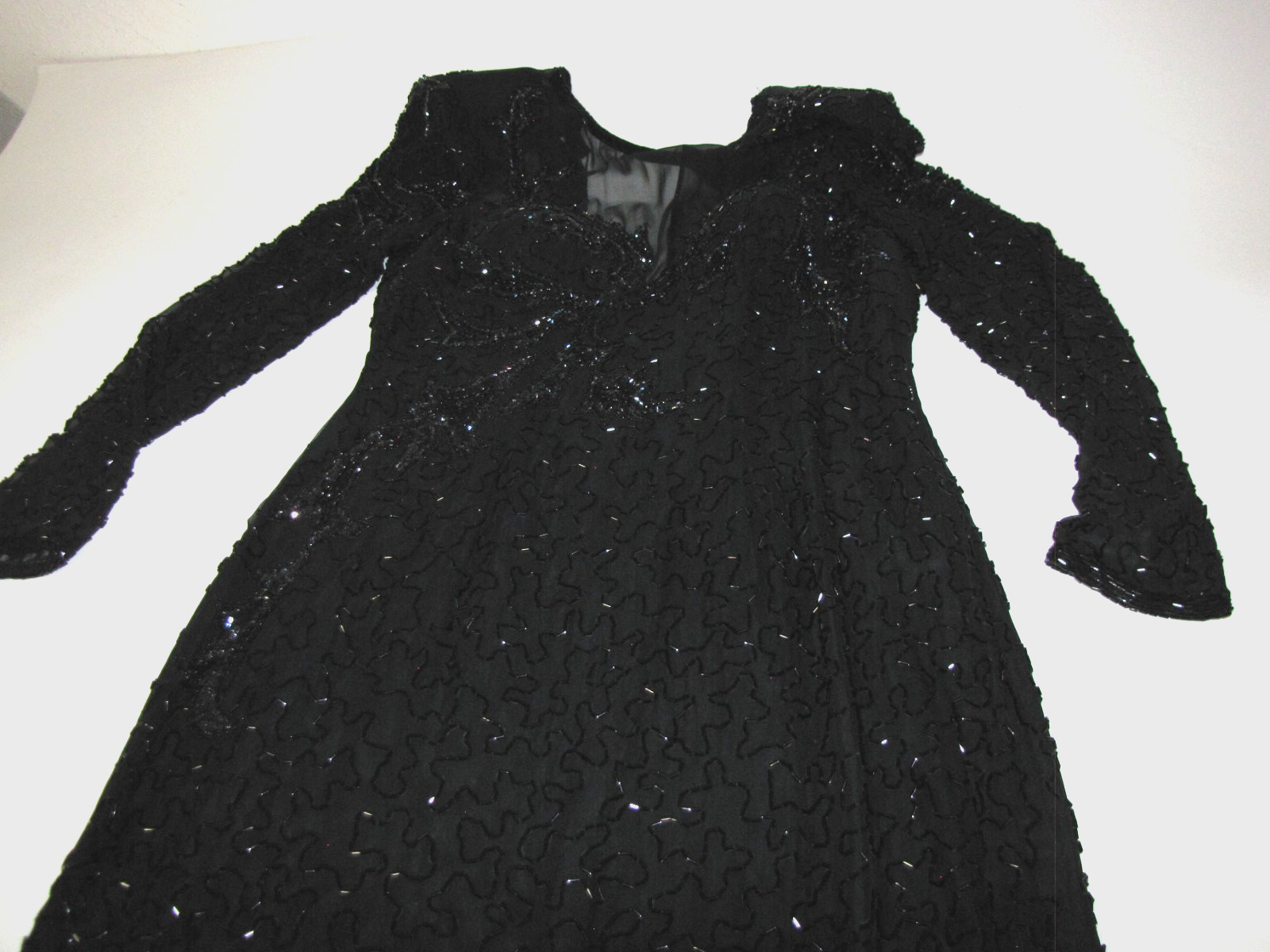 Vtg AJ. BARI Beaded & Sequin Silk Black Formal Maxi Gown Diagonal-hem Wm. 10