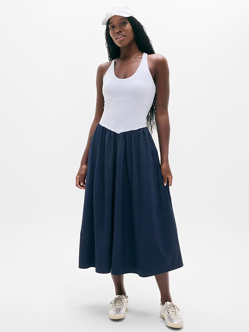 Athleta XSP PETITE Moment Hybrid Dress, Navy /Dove Padded Shelf Bra Long NWT NEW