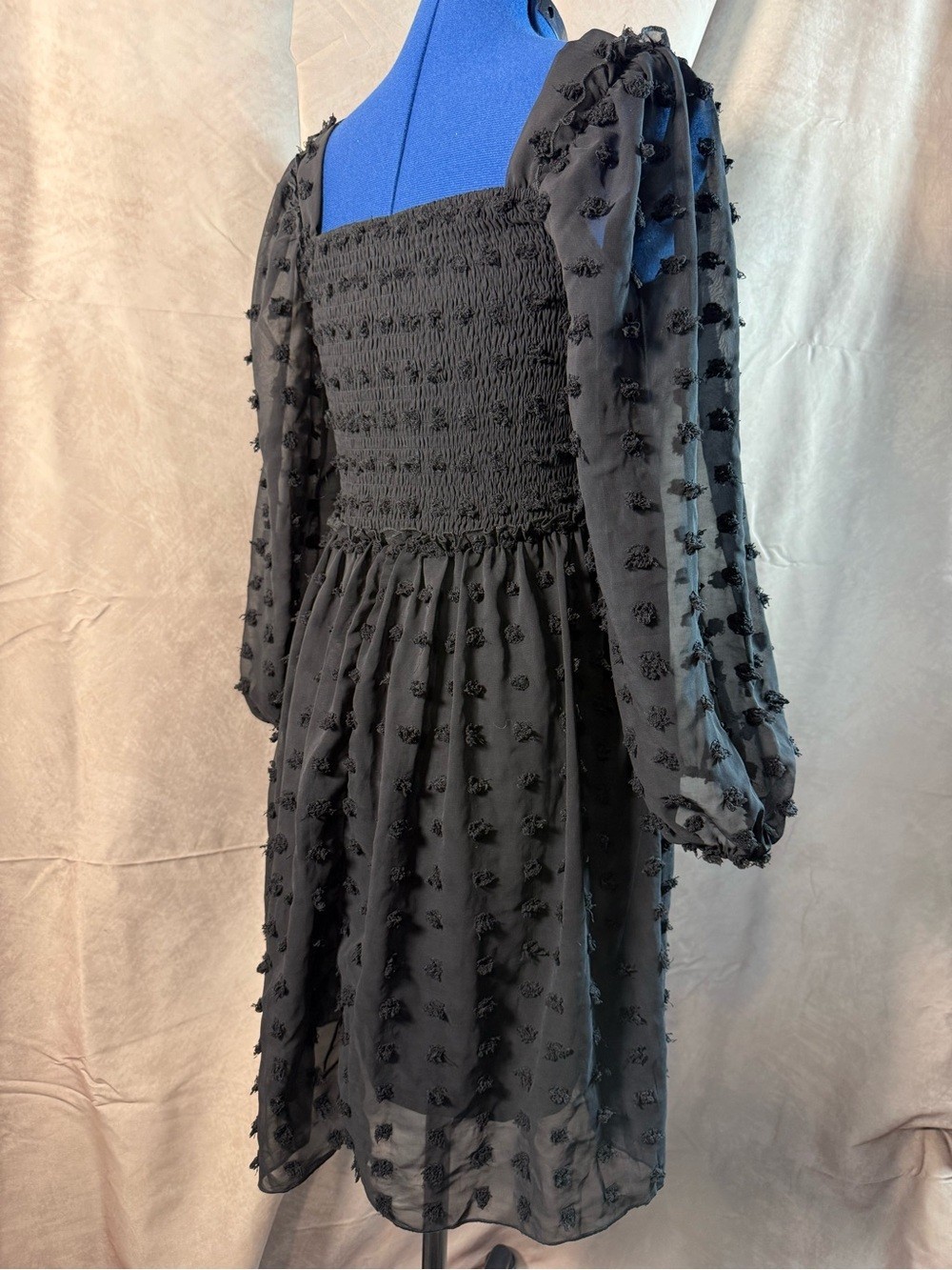 21 – Smocked Square-Neck Black Long Sleeve Midi Dress