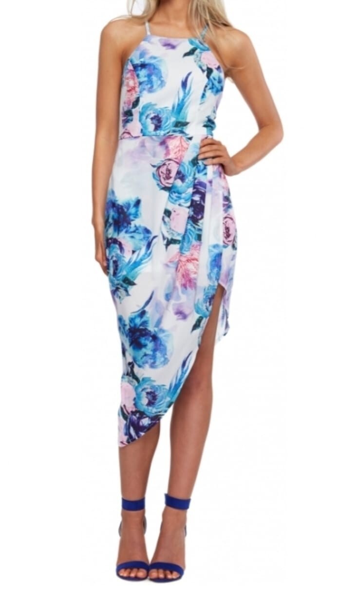 Ginger Fizz Formal Strappy Wrap Front Dress In Floral Design UK 8