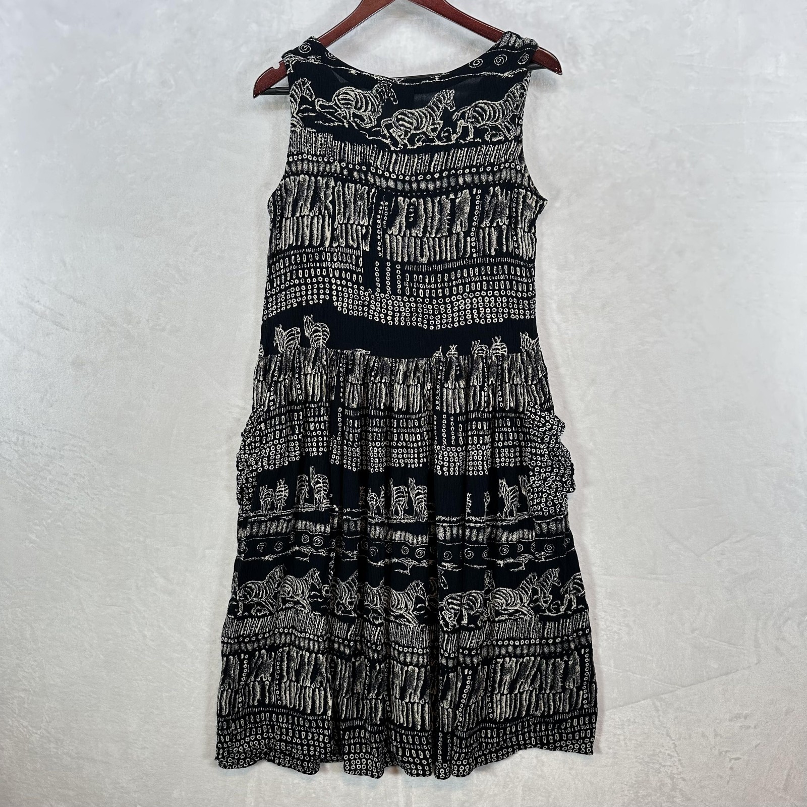 Bila Dress Womens Medium Black White Tiered Sleeveless Boho Midi Horse Zebra