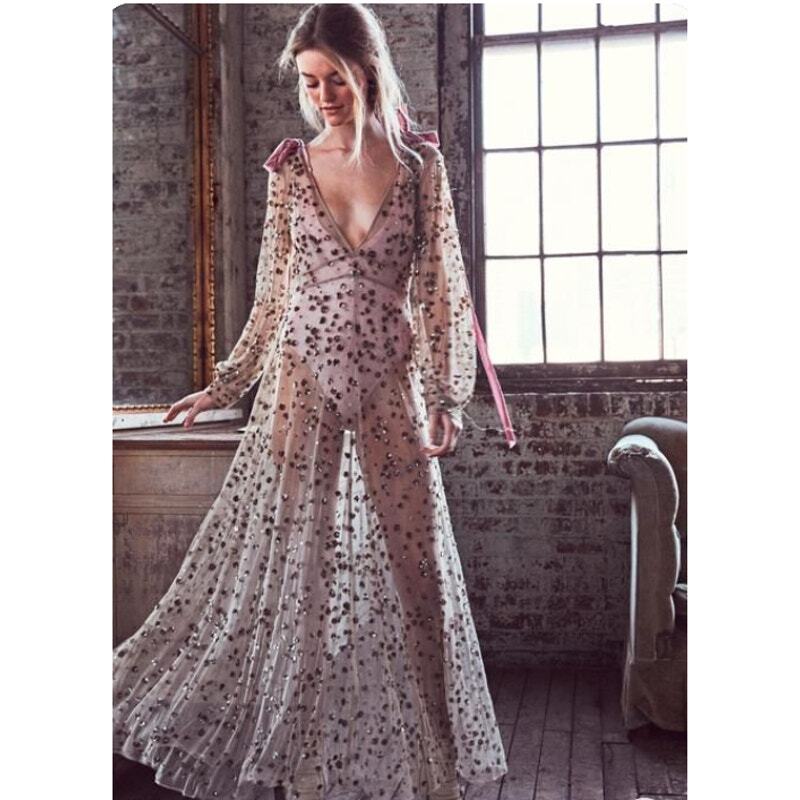 LoveShackFancy Maxi Gown Gold Nude Sequin-Embellished Tulle Janet Dress Sz 0