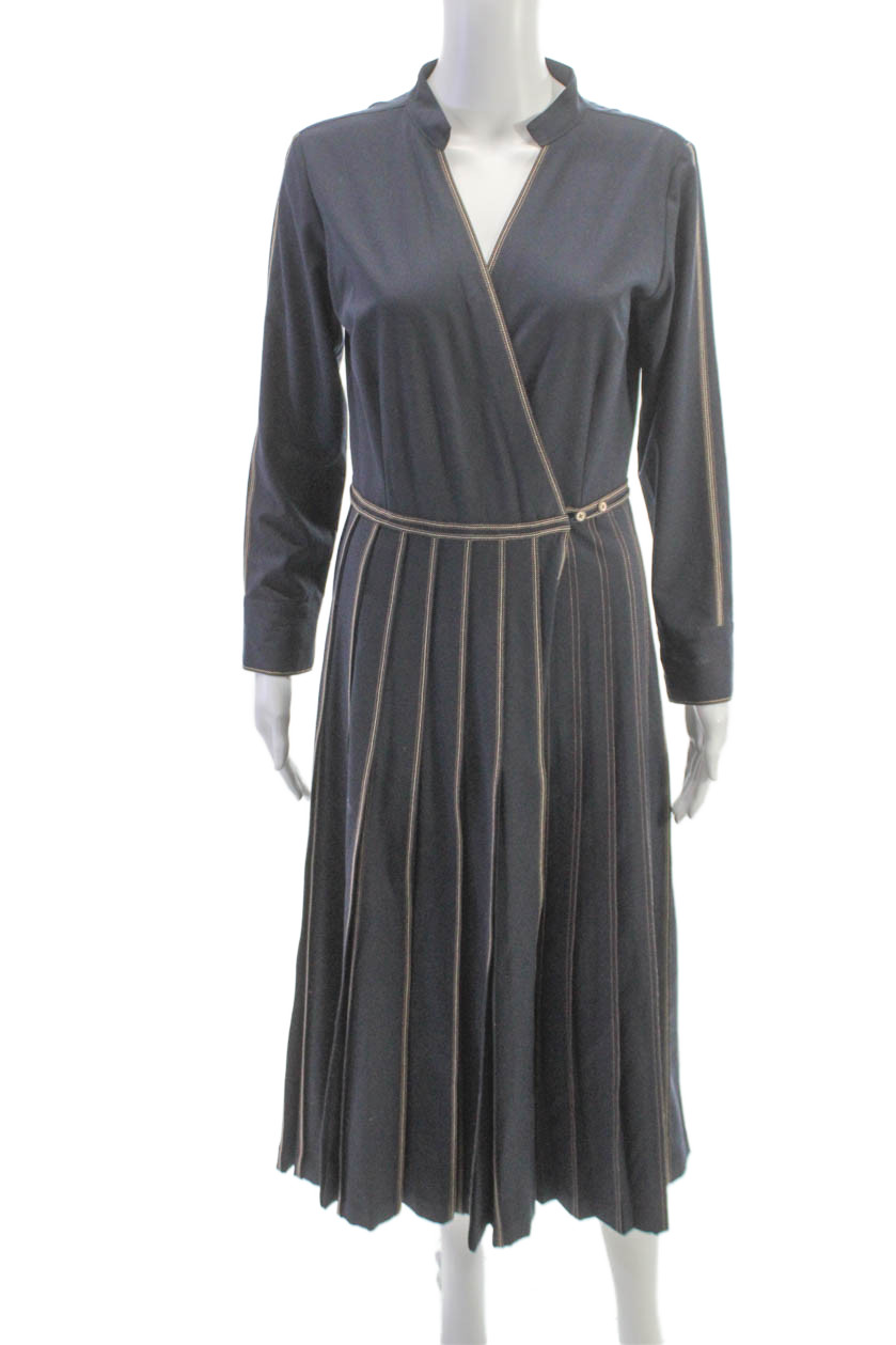 Bodice Women Wrap Dress Blue Long Sleeve V-Neck Knee Length Polyester Size M