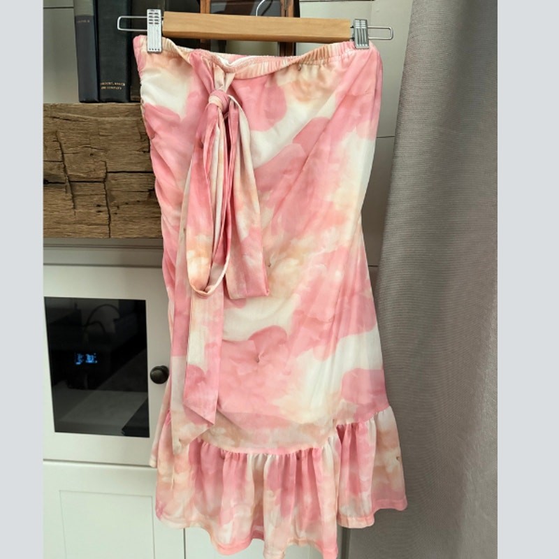 Pink Tie Dye Strapless Ruffle Hem Bodycon Mini Dress Tie Waist Size S