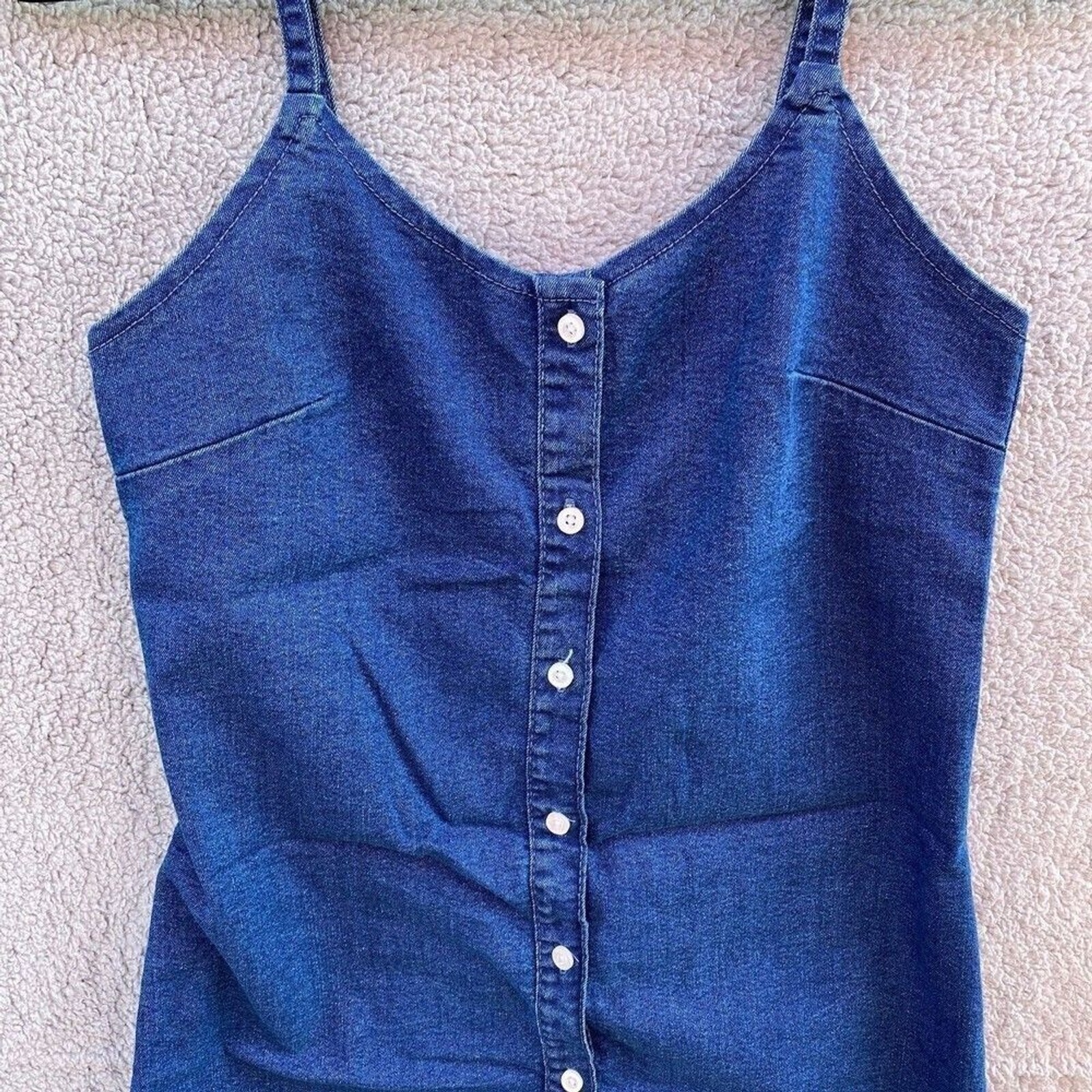 Denim Button Spaghetti Strap Mini Dress Sz Large
