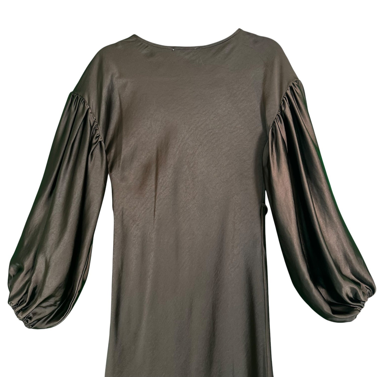 WeWoreWhat Maxi Dress Balloon Sleeve Satin Charmeuse Tie Waist Brown 2 Boho Chic