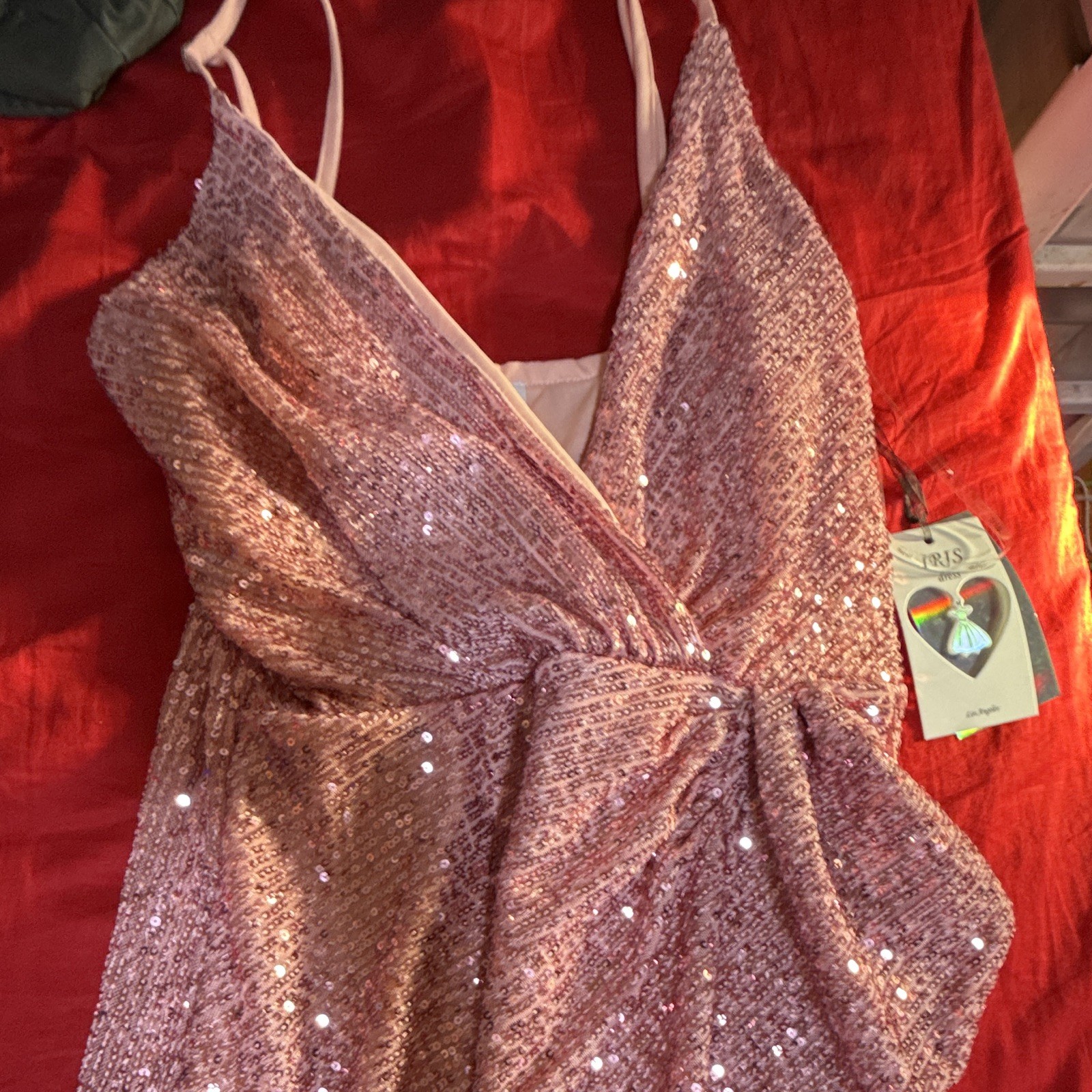 IRIS Pink Sequin V-Neck Bow Lined Bodycon Short Dress Women’s Size S