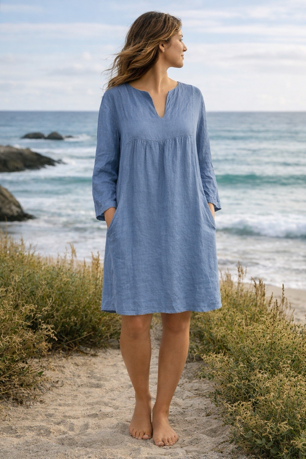 Meo Meli Linen Midi Dress M Pockets Blue Italy Coastal Boho Lagenlook