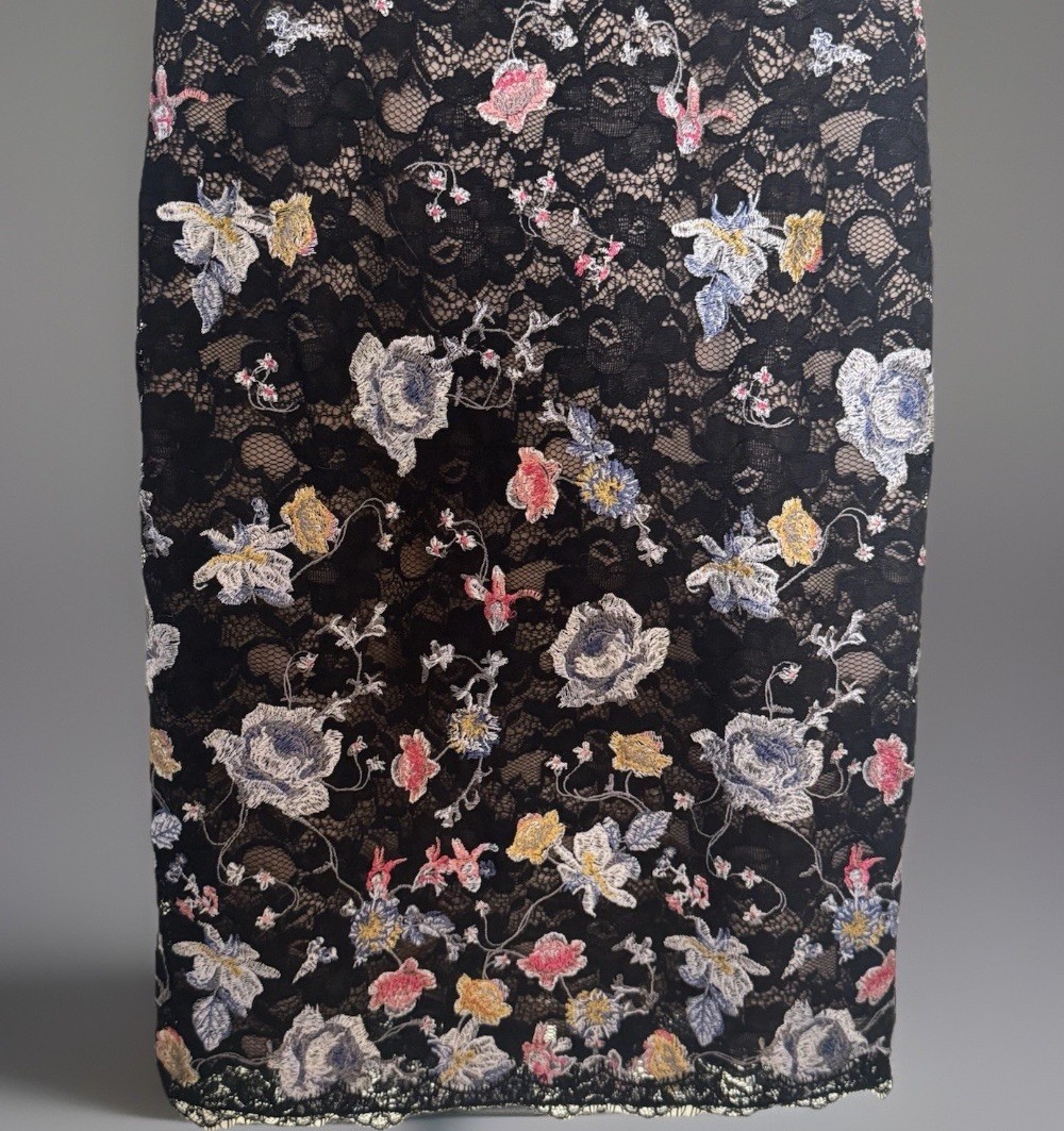 BCBGMaxazria Black Lace Bodycon Dress | Diame |Floral Embroidery | Dark Romance