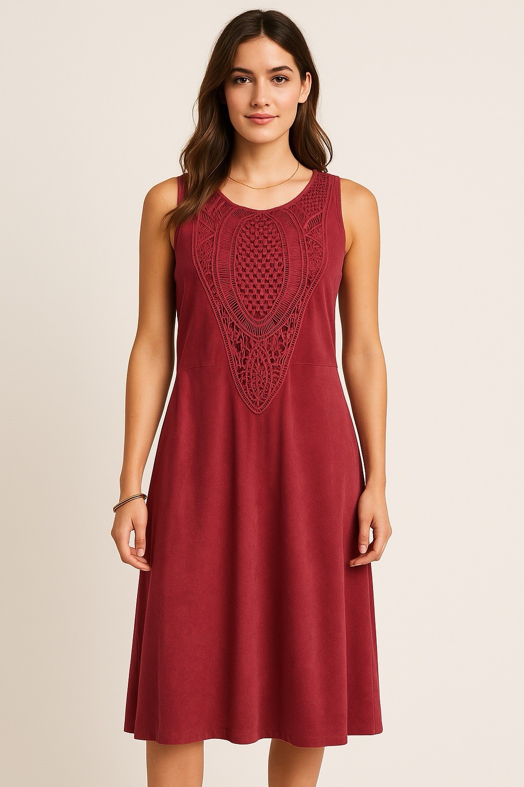Signature Studio Boho Chic Crochet Wine Red Dress L Fall Winter Festival Style