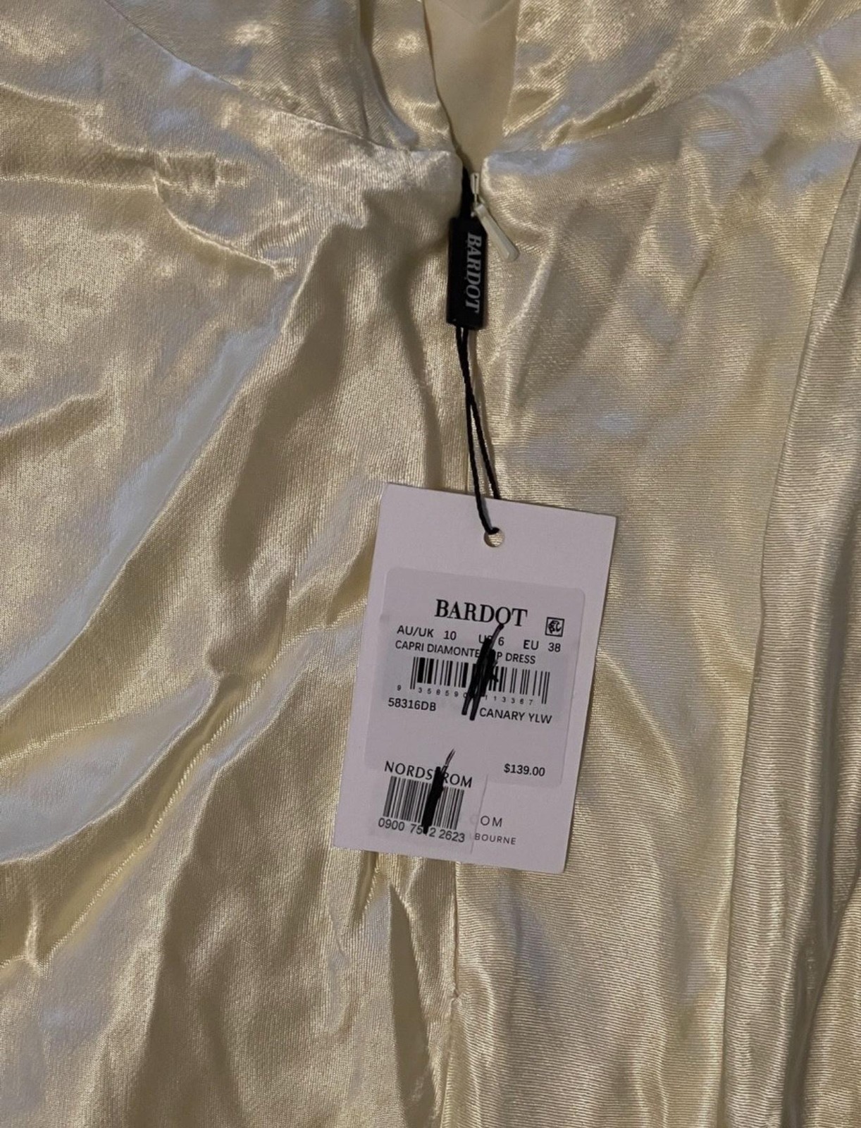 Bardot Dress Womens Medium Canary Yellow Capri Diamonte Slip Satin Formal NWT