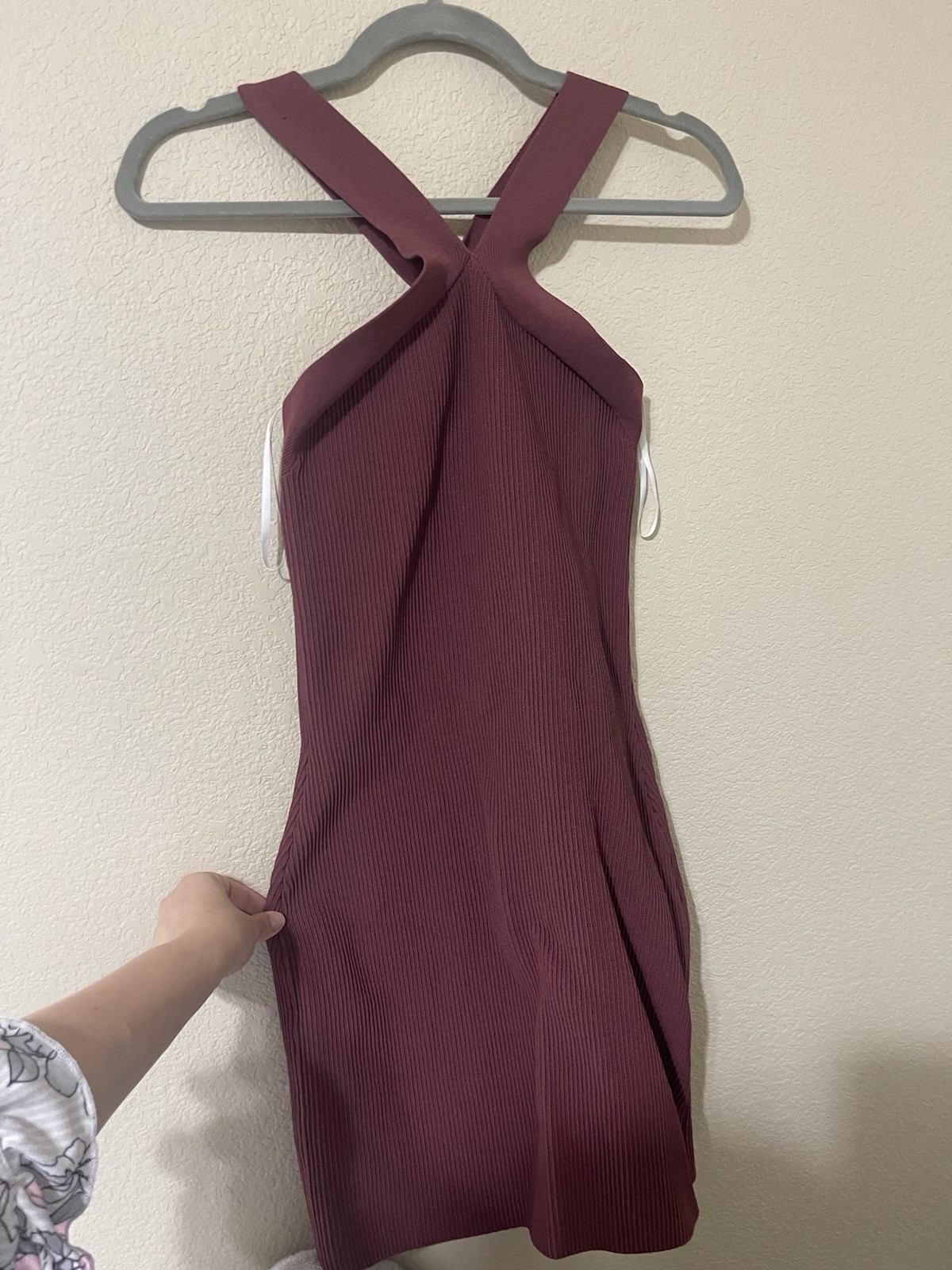 Babaton Burgundy Ribbed Knit Halter Bodycon Mini Dress Sleeveless Women M