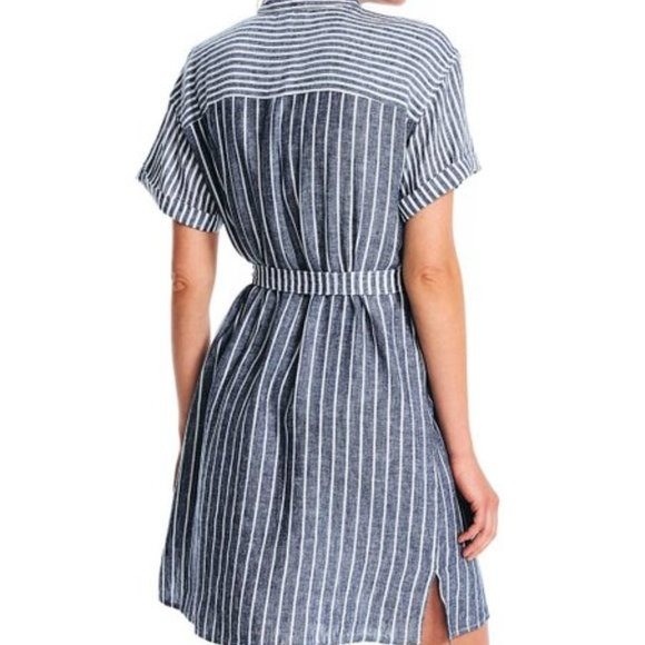 Nautica | Blue & Bright White Stripe Linen-Blend Belted Shirt Dress Medium NWT