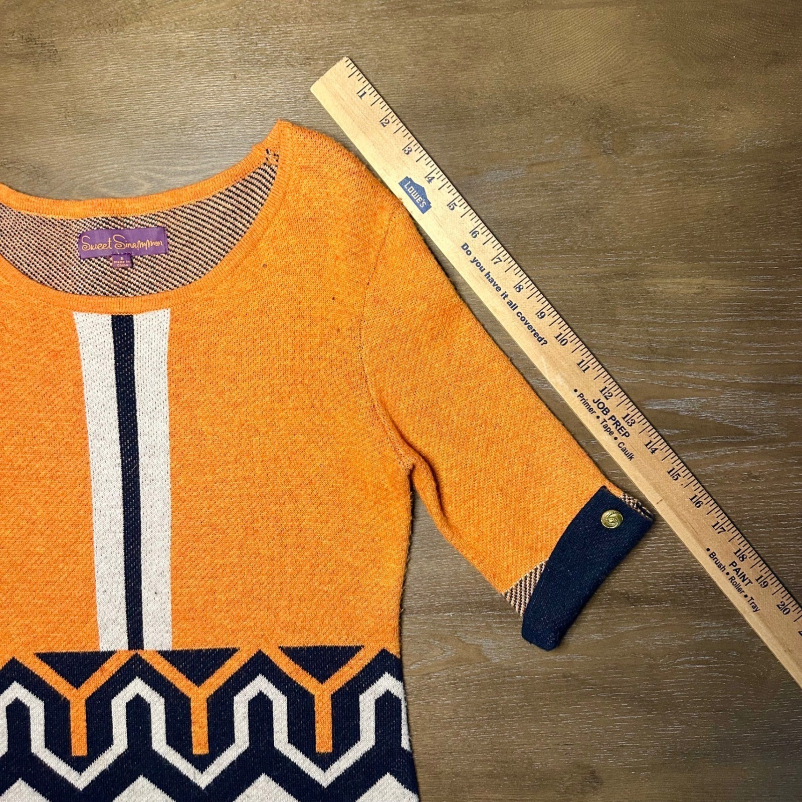 Sweet Sinammon Orange Geometric Knit Dress 3/4 Sleeve Button Cuff Vintage Retro