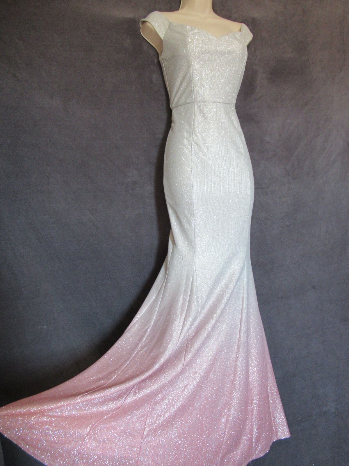 NWT Silver Pink Blush Metallic Ombre Off Shoulder Formal Mermaid Wiggle Dress 5