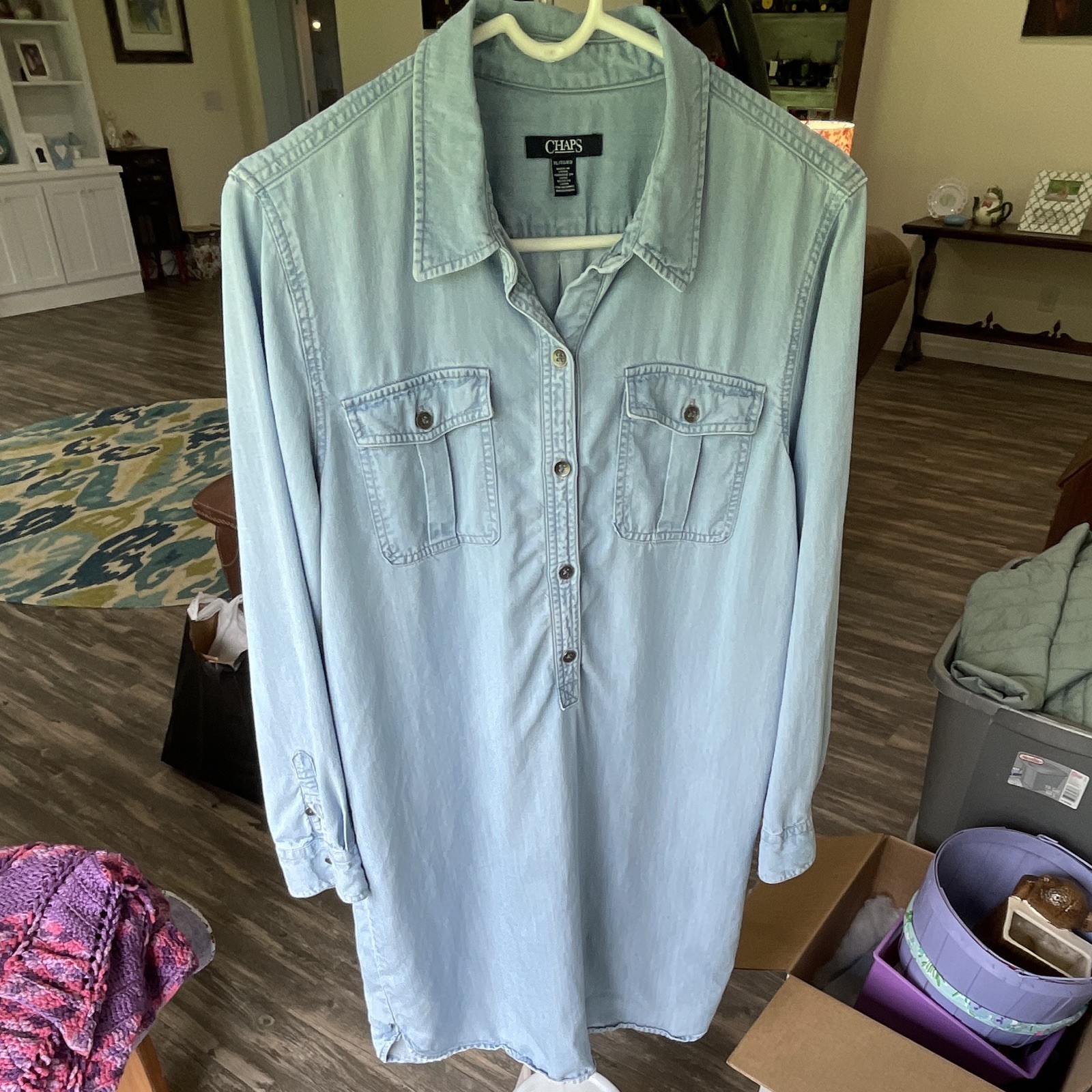 VTG Y2K Chaps Chambray Denim Button Up Midi Dress XL