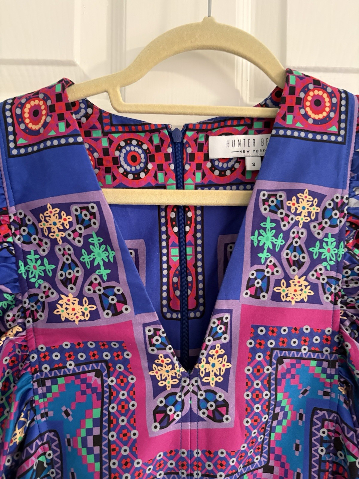 Hunter Bell Palmer Dress Puff Sleeve Midi Multi Talavera Patchwork Sz Small EUC