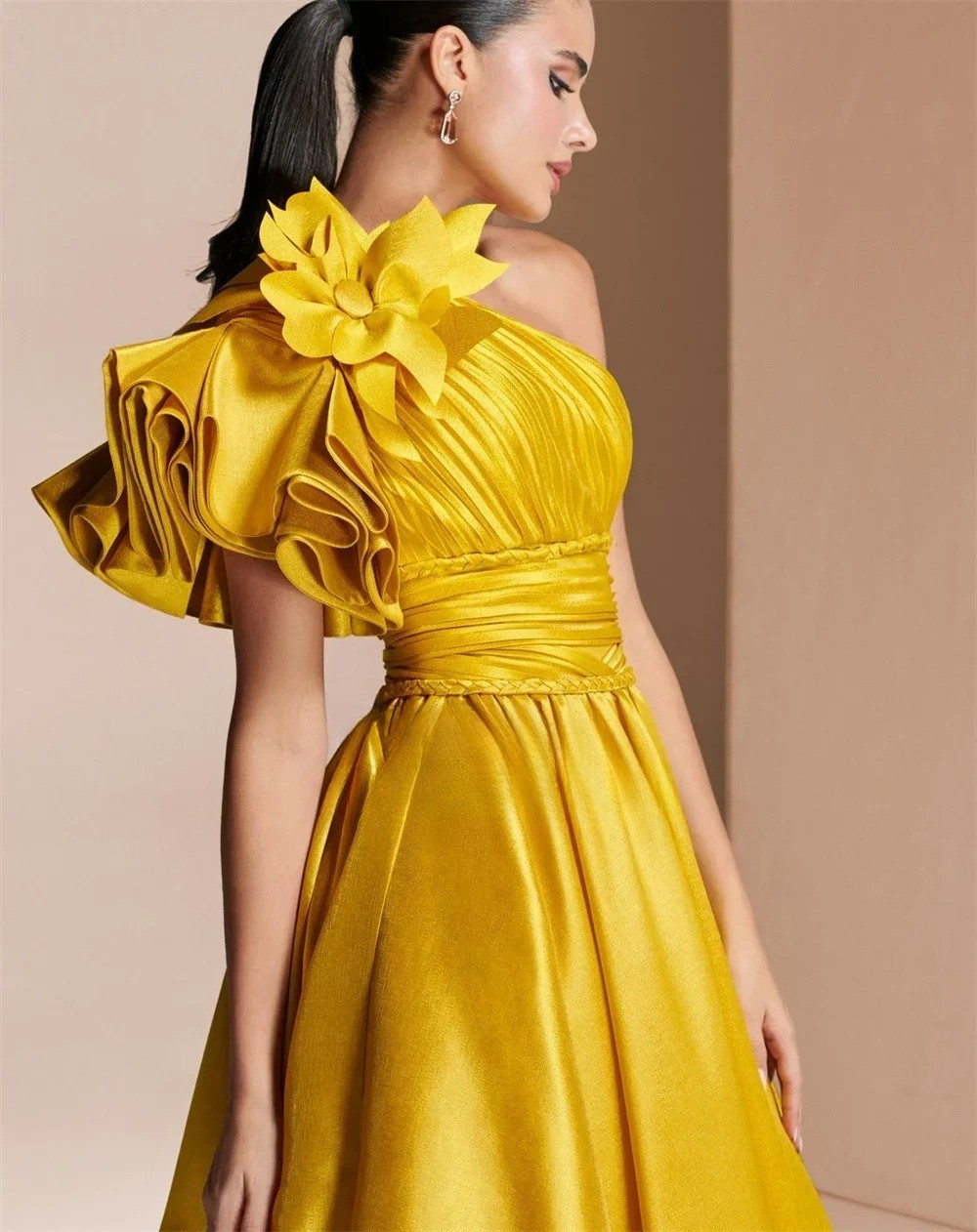 Pleat Draped Flower Ruched A-line One-shoulder Long Dresses Evening Dresses
