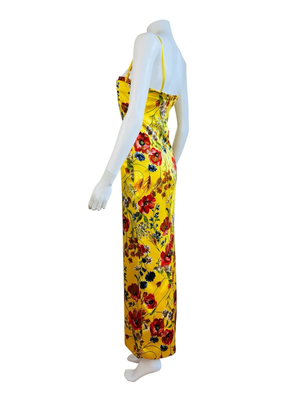 Rare Vintage 1990s Dolce + Gabbana Yellow Silk Floral Stretch Corset Dress Gown