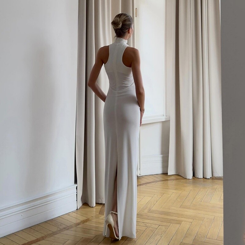 Summer Solid Color High Neck Temperament Sleeveless Slim Fit Hip Hugging Dress