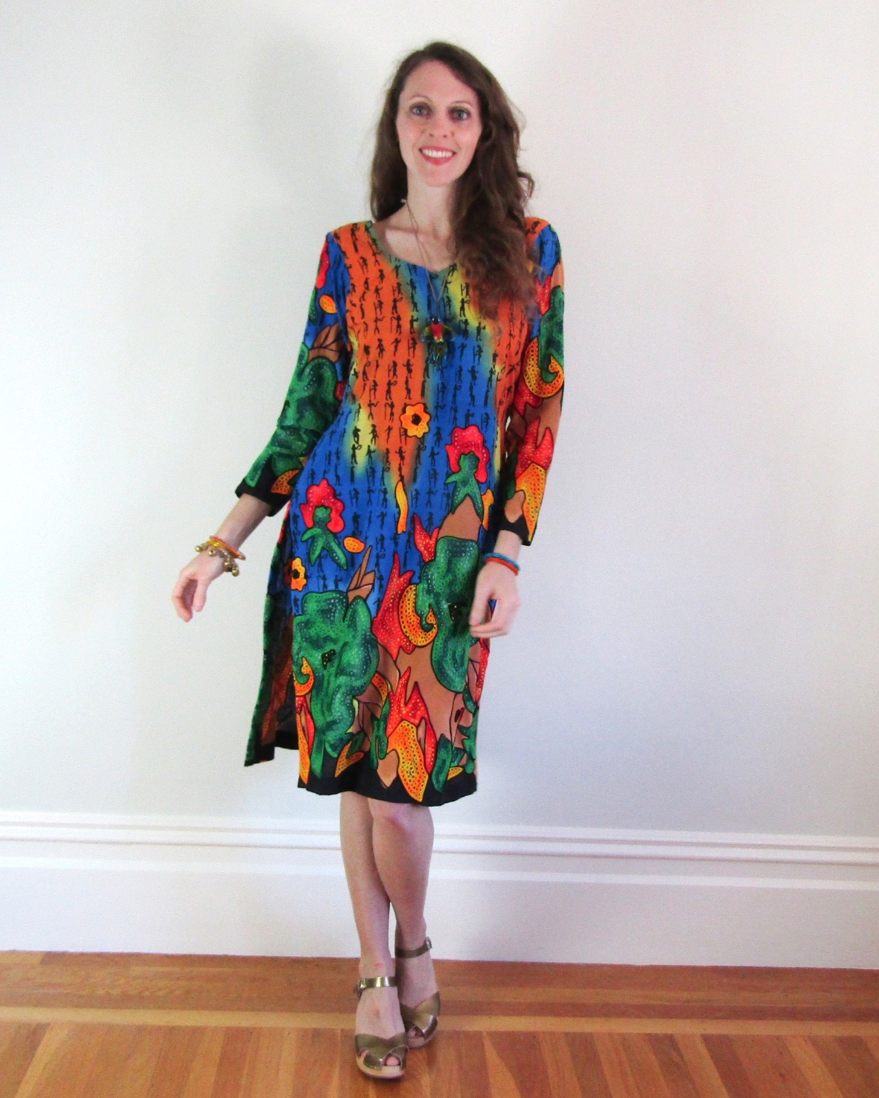 Vtg RAINBOW EMBROIDERED CAFTAN Egypt ethnic robe dress PSYCHEDELIC HIPPIE SARI M