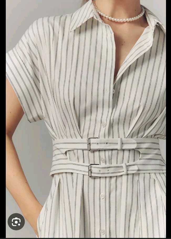 Anthropologie Exquise Large Tobie Double Buckle Pleated Shirt Dress White Black