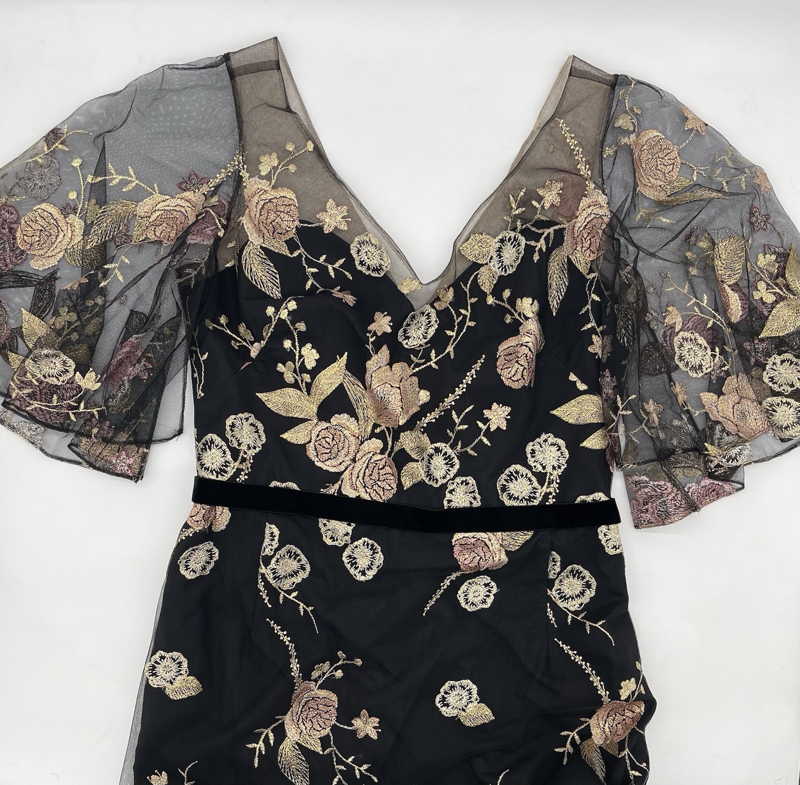 Marchesa Notte Floral Embroidered Gown Black Gold Pink Sheer Cape Sleeve Size 10