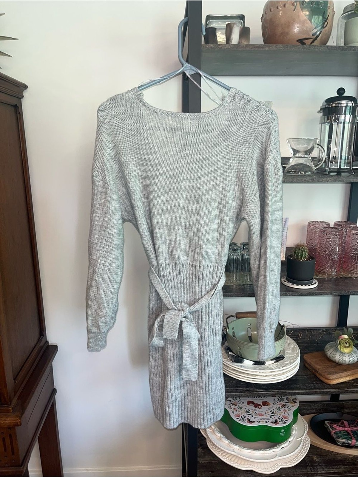 No Comment Cable Knit Tie Waist Balloon Sleeve Dress Light Gray Wrap Belted