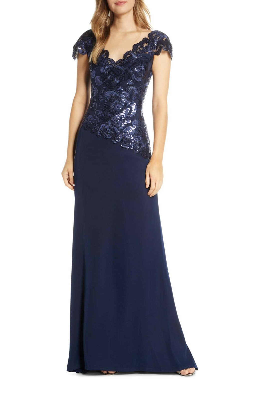 TADASHI SHOJI Royal Navy Blue Sequin Floral Embroidered ALVARO Crepe Gown 12 = L