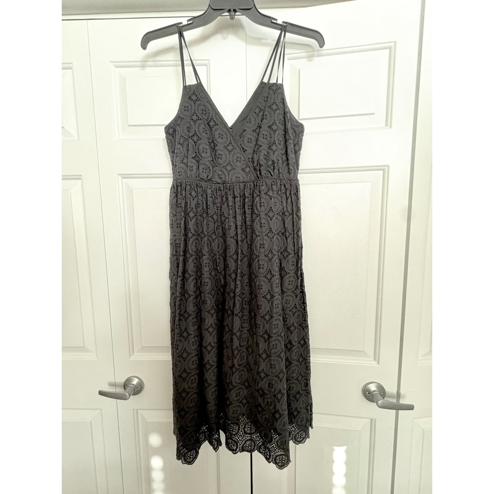 J.Crew Black Eyelet Cotton Midi Dress Size 8 Double Strap Scalloped Hem V-Neck