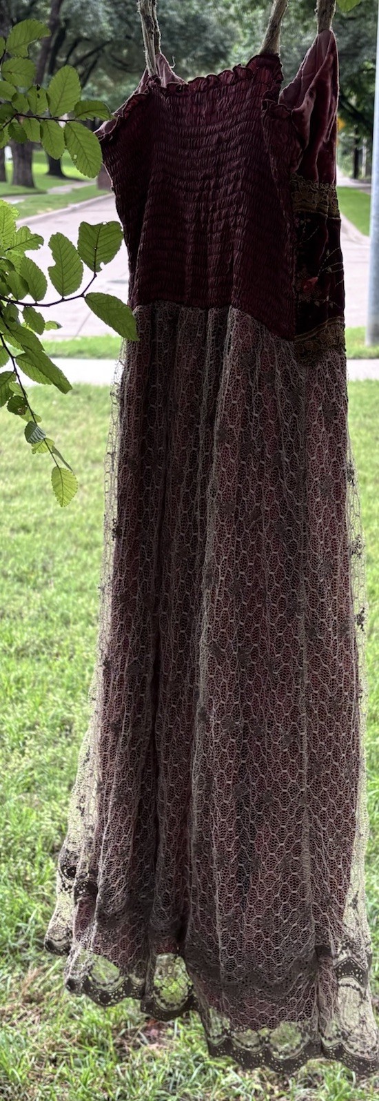 RARE Vintage Hale Bob 100% Silk Mesh Babydoll Velvet Burnout Maroon Dress Sz XS