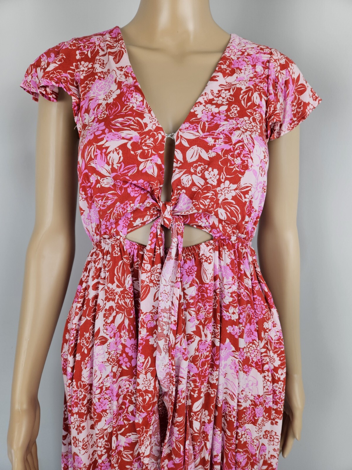 Vici Womens Dress Small Hi Low Maxi Pockets Ruffle Raspberry Floral
