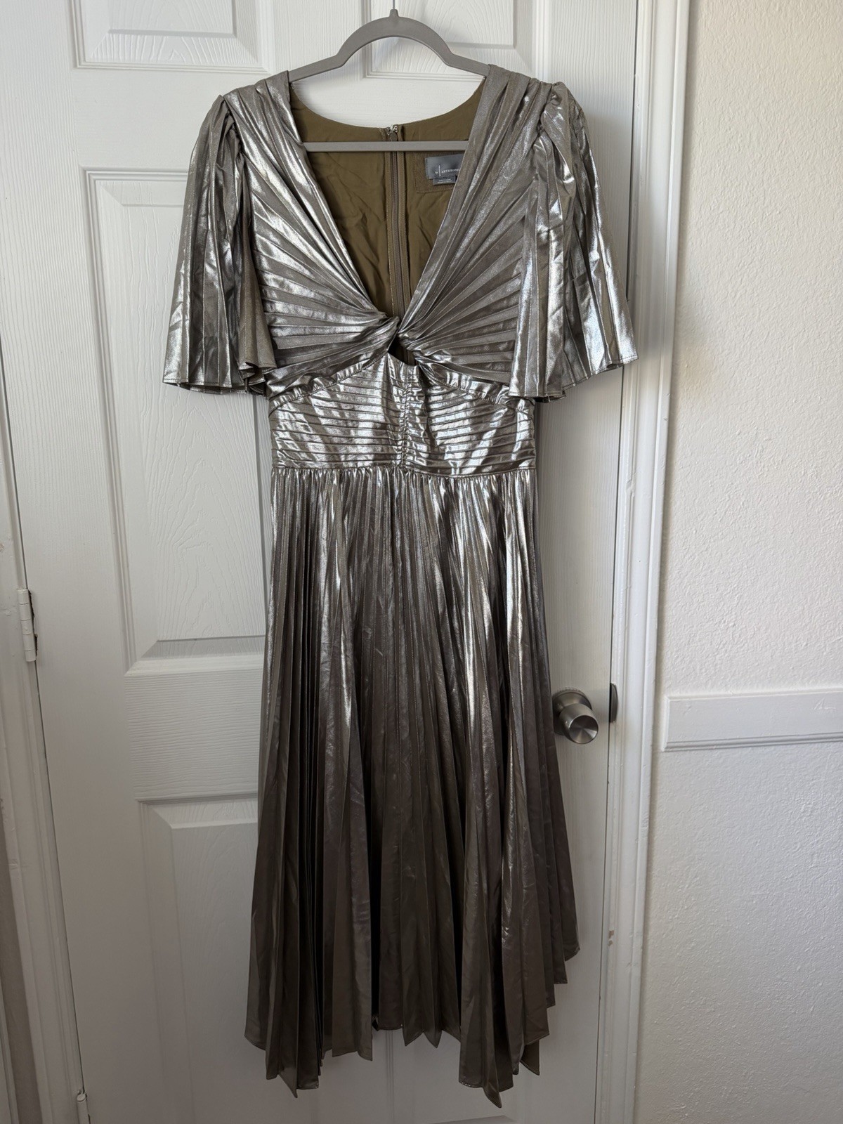 By Anthropologie Metallic Pleated Cutout Midi Dress Silver green Size S