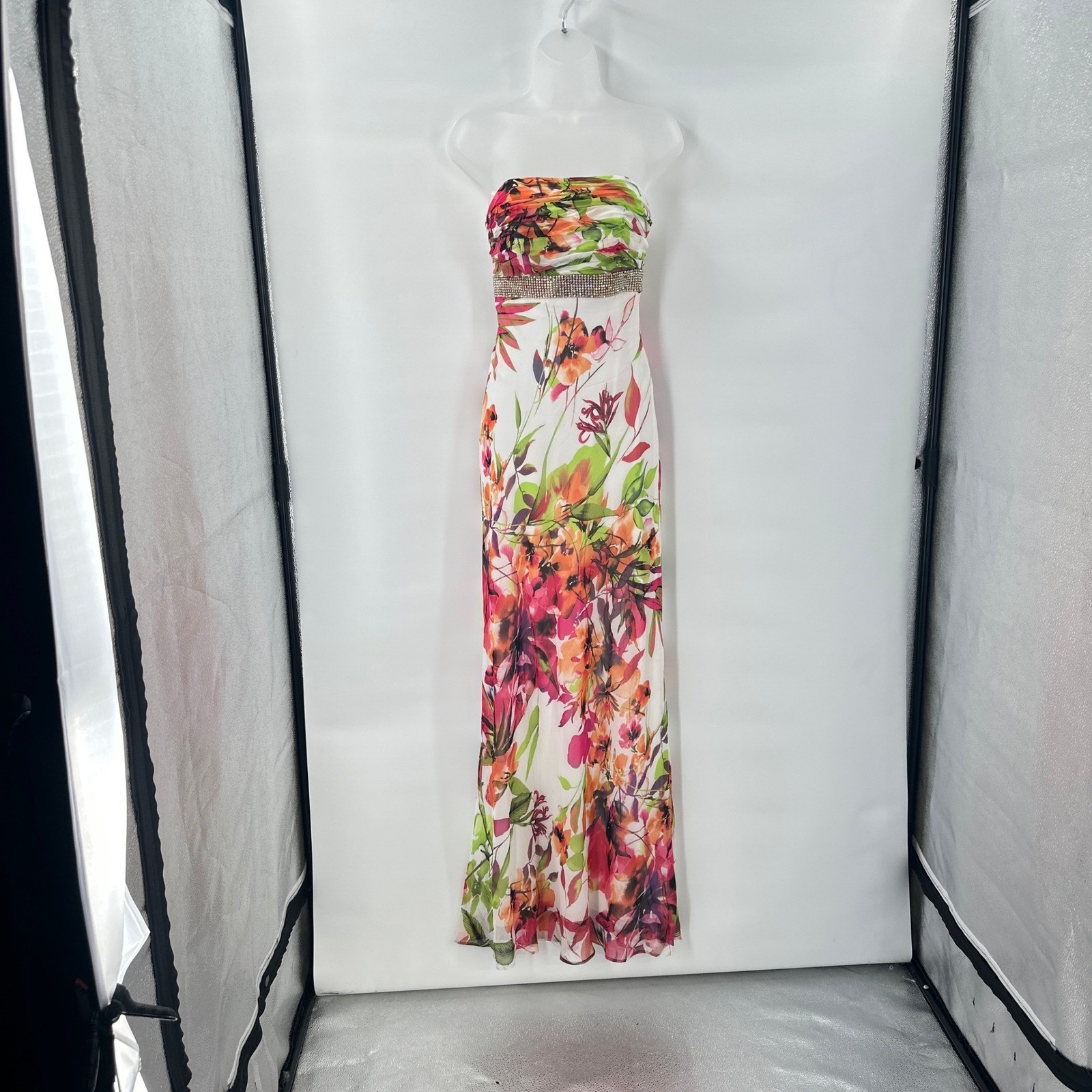 Cache Strapless Floral Print Maxi Dress size 2 Embellished Rhinestone Waist *