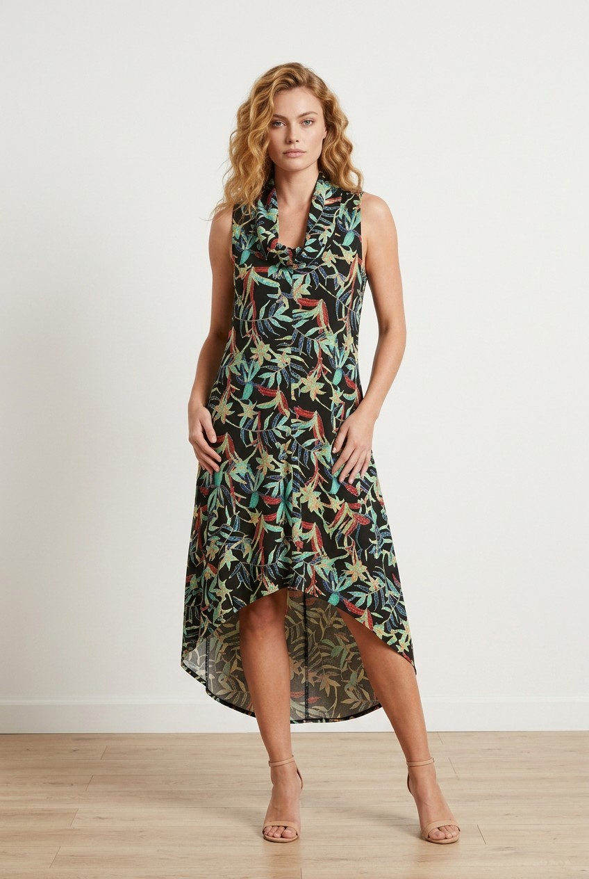 For Cynthia Linen Floral Dress XL Tropical Cowl Neck High Low Resort Beach