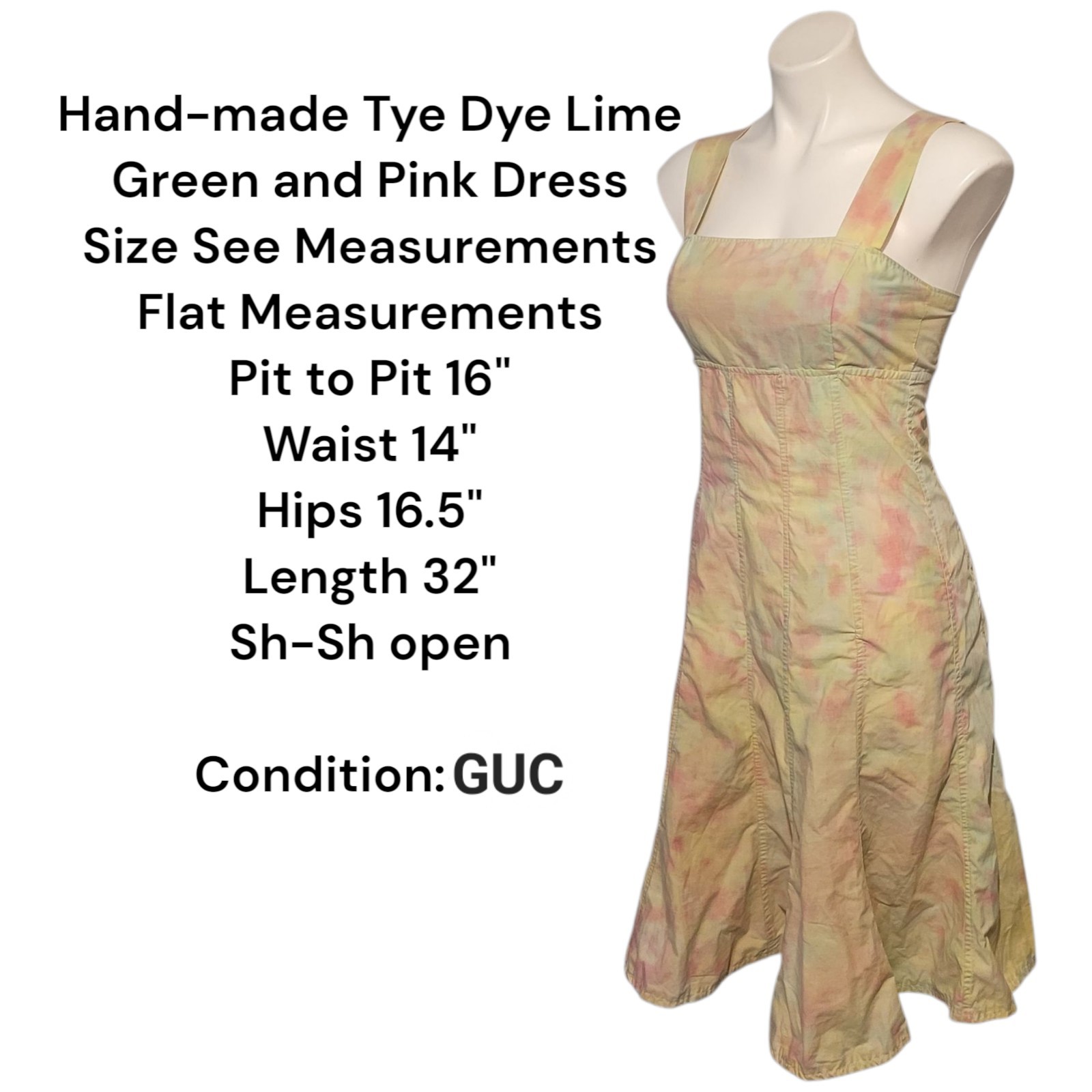 Handmade Tie Dye Funky Hippie Size Small Dress Pink Yellow Green Fit Flare