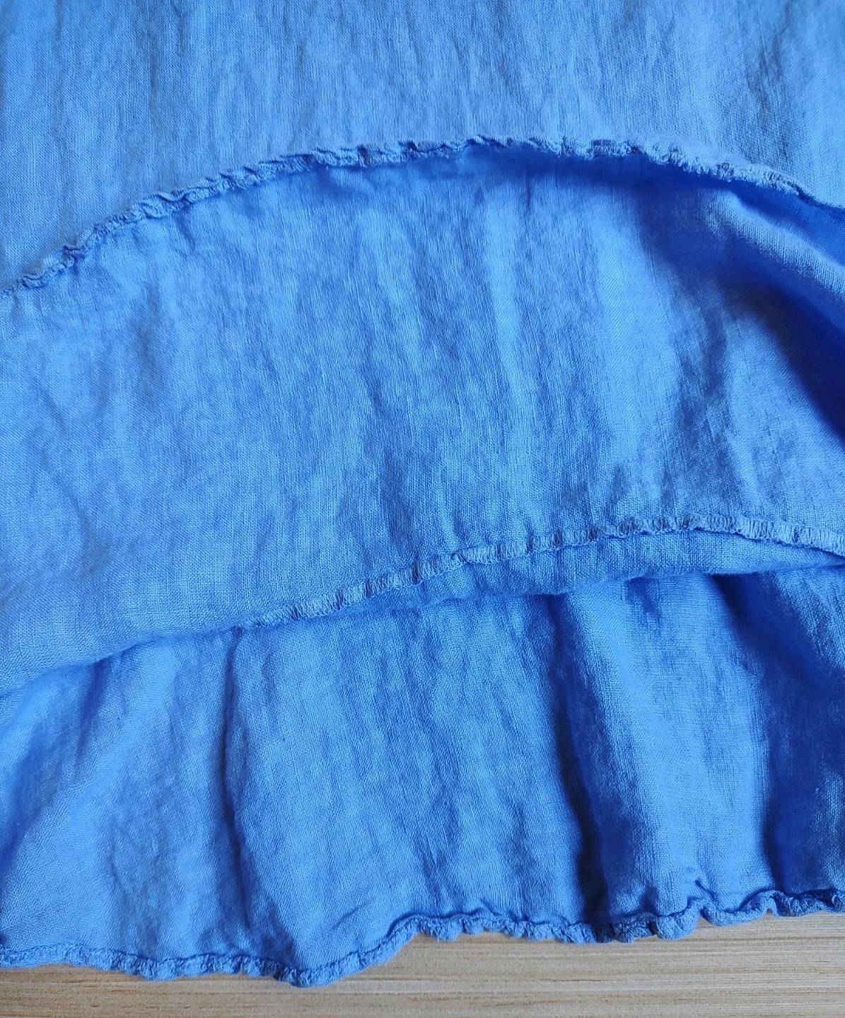 Francesca Bettini Midi Periwinkle Blue 100% Linen Dress Ruffle Hem V Neck Size M