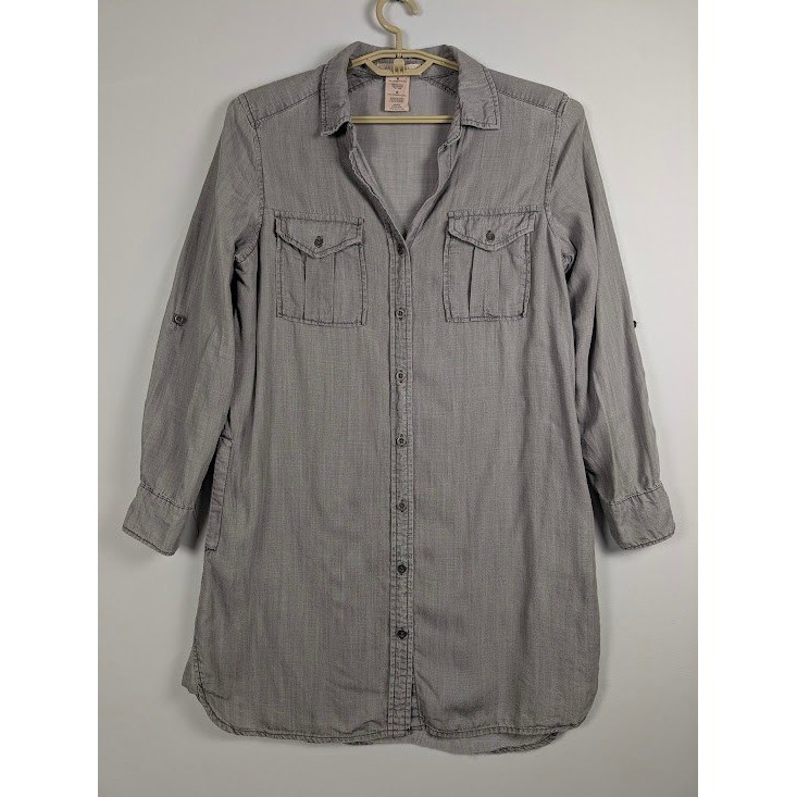 Philosophy Shirt Dress Women’s M Gray 100% Tencel Long Sleeve Knee Length