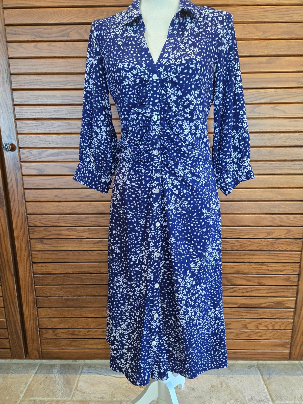 NWT DKNY Dress 3/4 Sleeve Button Down Blue White Rouched Waist Size 6