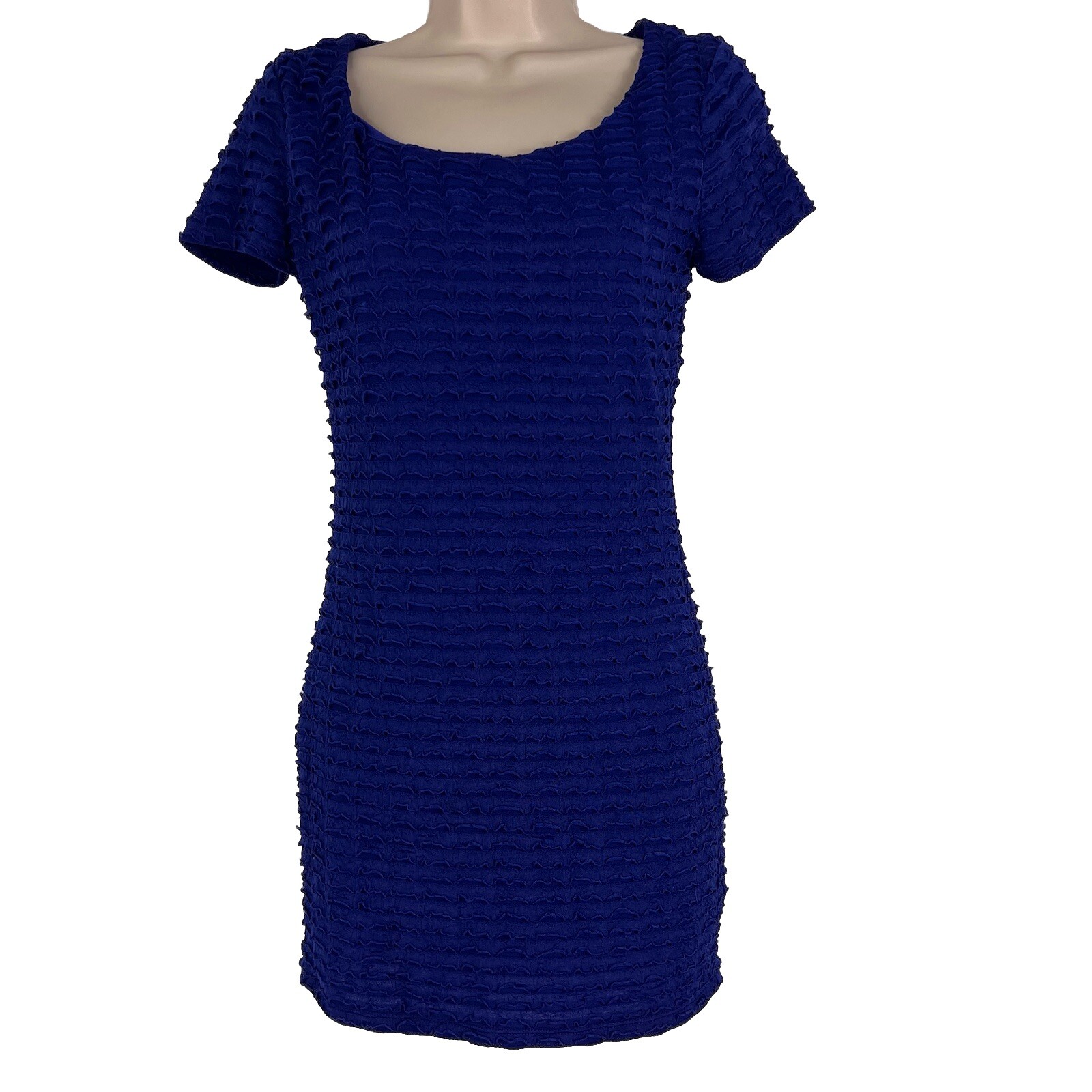 Xxi Mini Dress Women’s Small Ruffled Sheath Short Sleeve Above Knee Stretch Blue