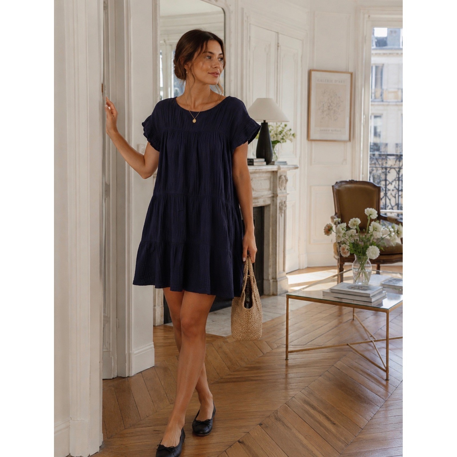 Stark X Navy Blue Cotton Double Gauze Tiered Flutter Sleeve Mini Dress Small