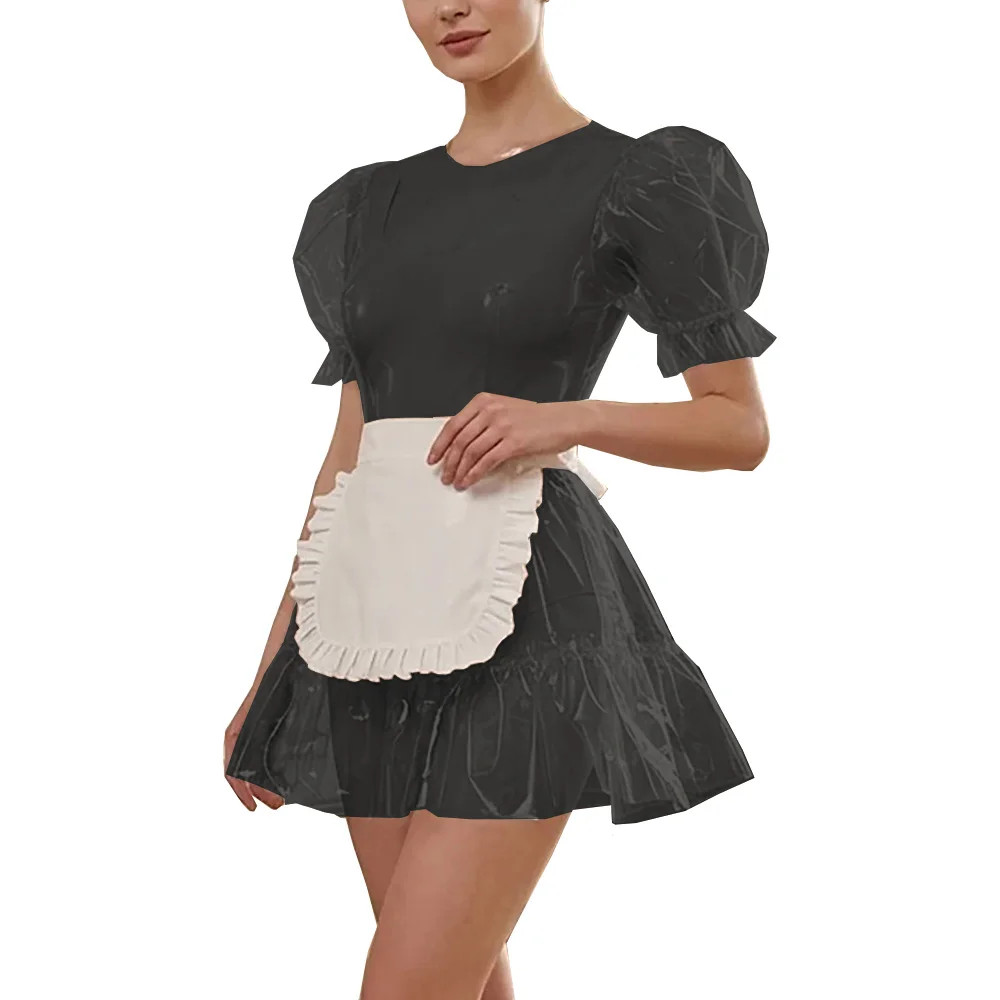 Clear PVC Maid Outfits Lockable Puff Sleeve Dress Apron Cosplay Party Costume