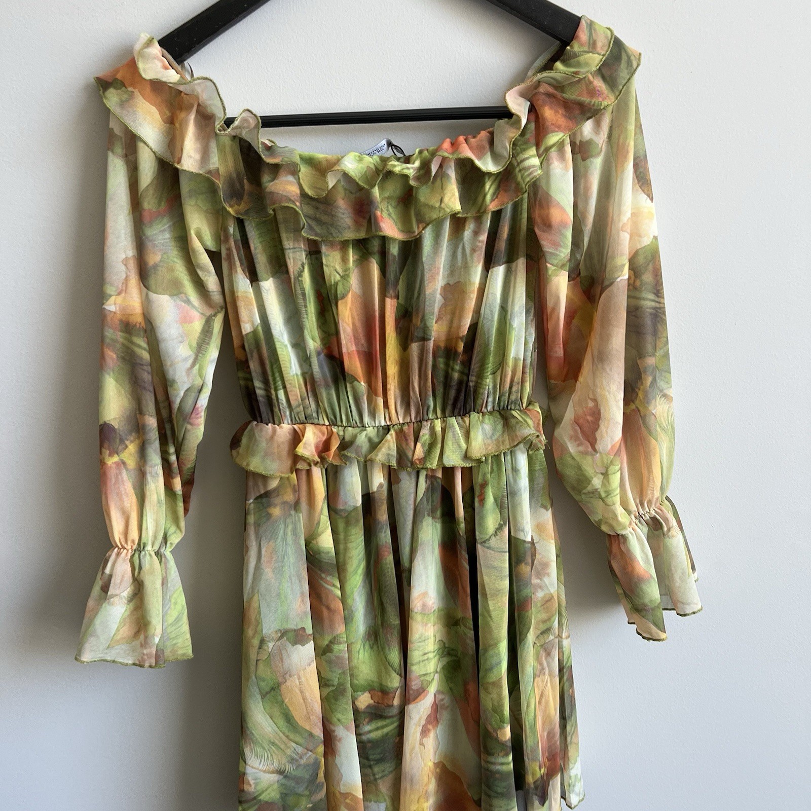 Zara Dress Ruffled Printed Mesh Tulle Off/On Shoulder NWOT Small Fairy Mini