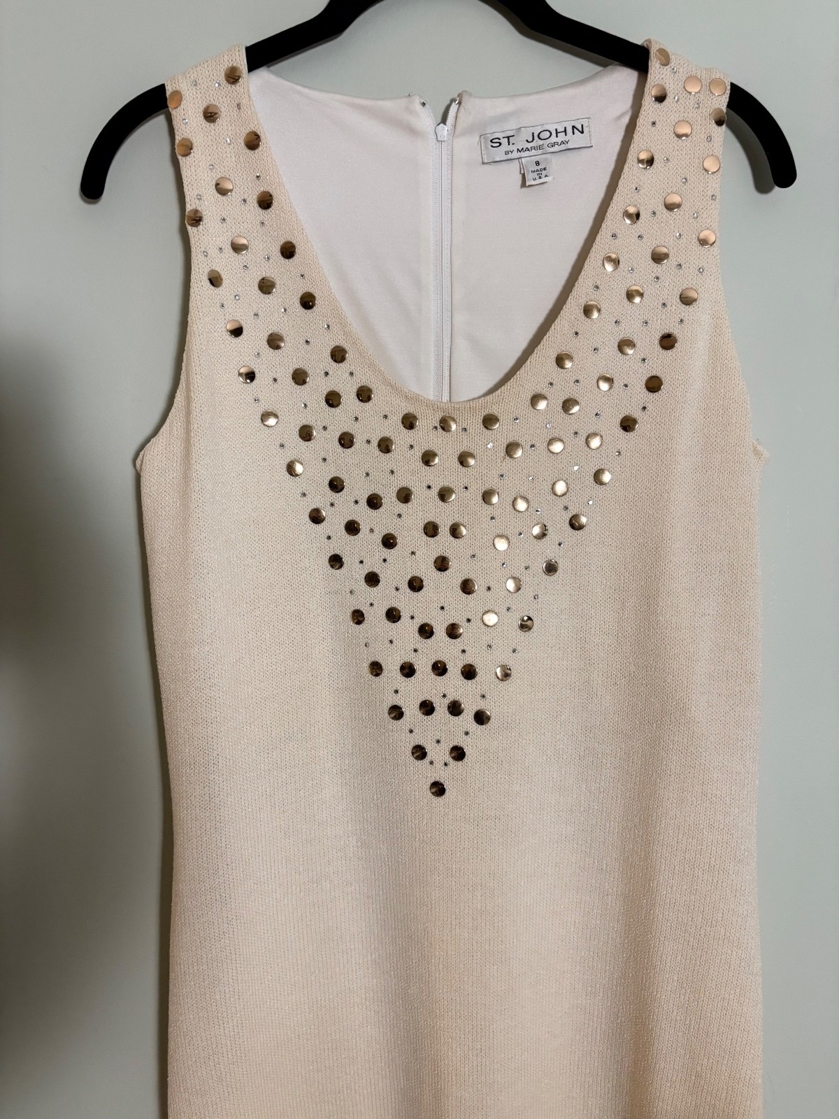 St. John Santana Knit Ivory Sleeveless Studded Rhinestone Dress Size 8 U