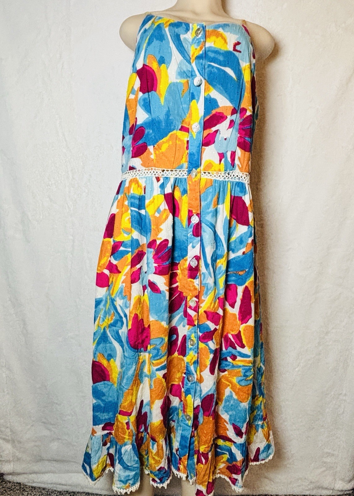 Harlow & Rose Summer Dress XL Spaghetti Strap Multicolor Babydoll Midi Boho