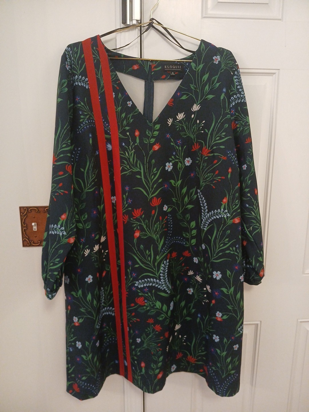 Eloquii Dress Women’s Floral A-Line Dress Red Stripe Unlined Long Sleeve Size 20