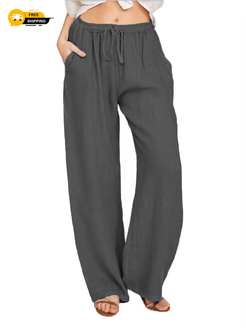 Linen Pants Summer and Autumn Solid High Waist Wide-Leg Trousers Female Loose He