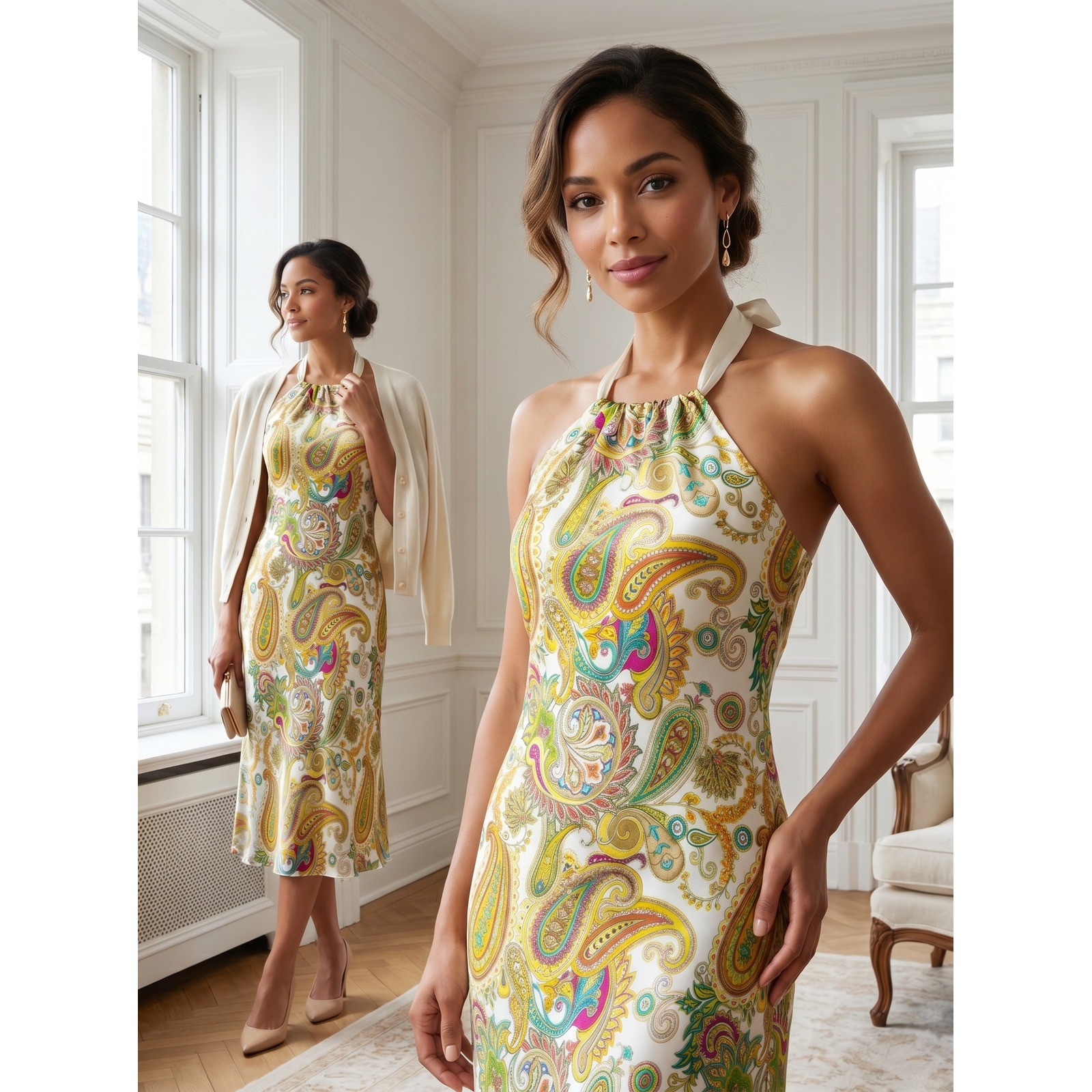 Ruth Anthropologie Silk Paisley Halter Midi Dress Ivory Multicolor Coquette 6
