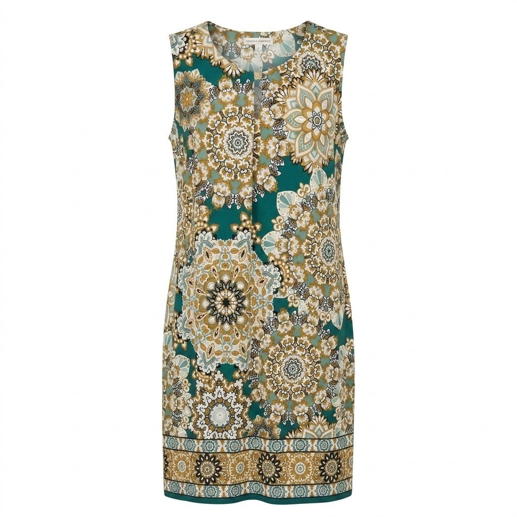 NEW Sandra Darren Womens XL Sleeveless Medallion Shift Dress Black Mustard – AC